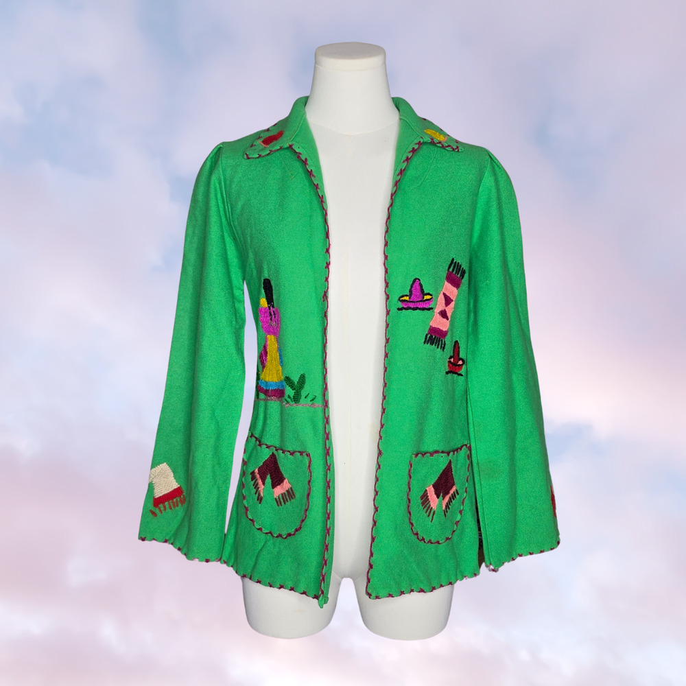Vtg Mexico Green Wool Felt Hand Embroidery Village Scene Open Front Jacket Coat